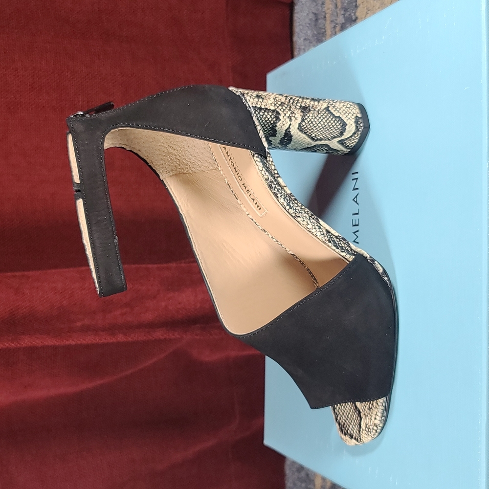 Ehren Leather Snake Print Ankle Strap Block Heels